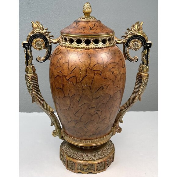 JOHN RICHARD 21"x17" Caramel & Bronzetone Ornate Lidded Pedestal URN Home Decor - Picture 1 of 8